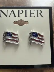 NWT Napier Silver Tone Patriotic American Flag Red White Blue Earrings