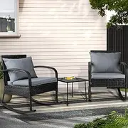 3PC Rocking Chair Table Wicker Outdoor Furniture Patio Bistro Set Black Garden Set