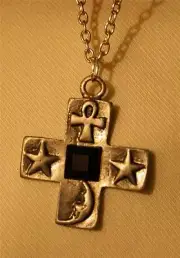 Handsome Black Accents Truncated Moon Stars Ankh Cross Silver Pendant Necklace