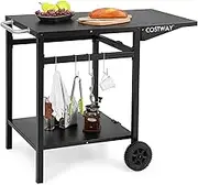 Costway Movable Dining Cart Table, Double-Shelf Trolley with Folding Tabletop, 4 Extra Hooks & 2 Directional Wheels, Outdoor Prep Cart for Pizza Oven & BBQ Grill, Worktable for Backyard, Patio, Garden