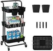 3 Tier Rolling Cart Organizer Kitchen Utility Cart with Wheels Kitchen Storage Cart On Wheels Spice Rack Organizer with Handle & Hooks & Cups Trolley Pantry Organizer Shelf Bathroom Accessories(Black)
