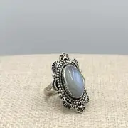New Old Stock Sterling Silver RAINBOW MOONSTONE Native America Large Oval Ring