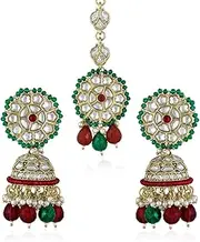 [Aheli] Kundan & Beads Studded Maroon Green Jhumki Earrings with Maangtikka Set Ethnic Fashion Jewellery for Women, One Size, Metal, No Gemstone
