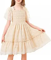 [zarmfly] Girls Dress Summer Puffy Sleeve Embroidery A Line Chiffon Double Layer Smocked Shirred Kids Party Dresses 6-15 Years