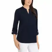 Hilary Radley Women's Roll-Sleeve Blouse Shirt, Navy M