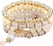 [Lian] 4Pcs Bohemian Stackable Bead Bracelets Crystal Stone Stretch Bracelets Multi-Layer Beaded Stackable Bracelet Set Handmade Colorful Adjustable Bracelets for Women Girls Multilayered Boho Bracelet