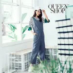 QUEENSHOP【04050458 】後交叉造型腰抽繩無袖牛仔連身褲＊預購＊