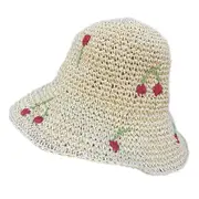 Women's Cherry Decor Wide Brim Crochet Bucket Hat Summer Spring Foldable Fisherman Cap Vacation Gifts for Girlfriend Beige