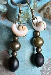 Last One. Bronze, Black and Shell Chip Dangle Earrings.
