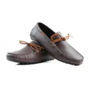 Zasel Anchor Boat Shoes Dark Brown Leather Mens Casual Slip On Deck Grip Loafers