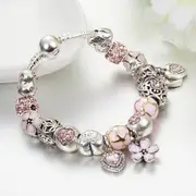 Pandora Inspired Full Set Beaded Charm Bracelet - Silver/Pink