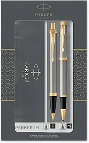 Parker IM Duo Gift Set with Ballpoint Pen & Rollerball Pen, Brushed Metal with Gold Trim, Black Ink Refill & Cartridge, Gift Box