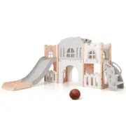 CostwayAll in 1 L-shaped Toddle Slide with Tunnel and Basketball Hoop for Toddlers Age 1-3-Grey