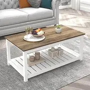 [FOLUBAN] Farmhouse Coffee Table with Storage Shelf, Rustic Vintage Wood Cocktail Table for Living Room, White
