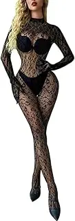 [LINUMIN] Women Sexy Lace Leopard Jumpsuit, Fishnet Bodysuit Glow Party Club, Poster One Piece Mesh Full Body Rave Outfits, Black