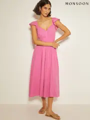 Monsoon Pink Marlee Ruffle Sun 100% Cotton Midi Dress (AR1484) | $103