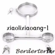 T Style Stainless Steel Slaver Collar Handcuffs Fetishs Restraints Hand Cuffs