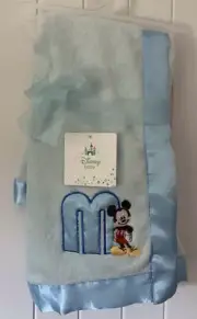 Disney Baby Mickey Mouse Crib Baby Blanket Light Blue "M" Satin Trim