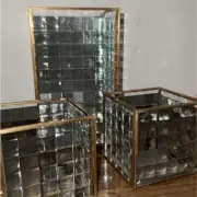 Golden Glass Grid Mirror Set with Metallic Framework