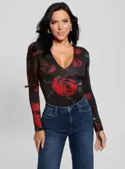 GUESS Women's Black Floral Bianca Bodysuit Size: Medium, Elastane