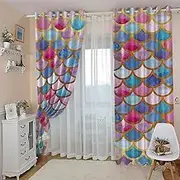 Print Blackout Curtains Colorful Fish Scales 2 x W140cm x D245cm 3D Print Window Curtains, Thermal Insulated Darkening Grommet Drapes 2 Panel Set for Living Room Bedroom Kitchen Decor