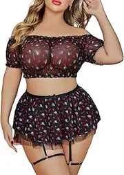 [Avidlove] Plus Size Garter Lingerie Set Mesh Ruffle Cosplay Lingerie with Mini Skirt 3 Piece Lingerie Set