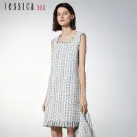 在飛比找momo購物網優惠-【Jessica Red】優雅氣質顯瘦須邊方領無袖小香風洋裝