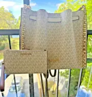 Michael Kors Mina Large Belted Chain Shoulder Bag+Double Zip Wristlet Wallet Set