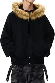 [RSGMU] Men Hoodie Zip Up Y2k Zip Up Hoodie Fur Hooded Jacket Warm Winter Coat for Men with Hood Fur Collar Streetwear
