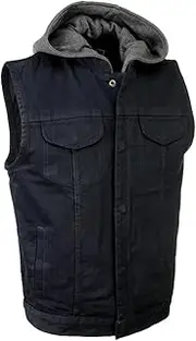 Milwaukee Leather MDM3015 Men's 'Rustic' Black Denim Motorcycle Riding Vest with Hoodie and Quick Draw Pocket