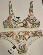 NWT Rip Curl La Quinta 2pc Bikini Crop Swimsuit L/XL Cheeky Palm Leaves $120