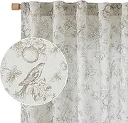 Vangao Linen Blend Floral Curtains for Living Room 96 Inches Long Taupe Drapes Back Tab Light Filtering Toile Printed Farmhouse Bedroom Decor Rod Pocket Window Treatments 2 Panels Set