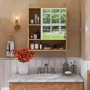 Fin Rustic Wall Bathroom Medicine Cabinet With Mirror Door & 4 Open Storage Shelves