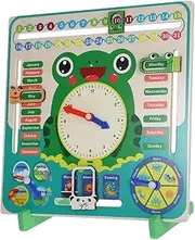 FOYTOKI Wooden Calendar Clock for Boys and Girls Frog Shape Learning Toy Date Cognition Montessori Educational Tool for Preschoolers