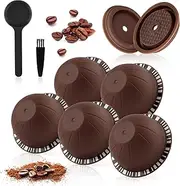 5 Pcs Reusable Vertuo Pods, 230ml Refillable Coffee Capsule,Compatible with Nespresso Vertuo & VertuoLine Coffee Machine, with 2 Pcs Reusable Coffee Capsule Lid, Spoon and Brush - Brown