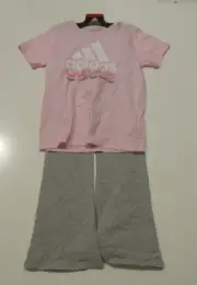 Adidas Girls Pink Gray Tee Shirt Flare Pants 2 Piece Set Size Medium 10/12