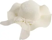 [Generic] Casual Beach Hat Foldable Wide Brim Sun Hat Travel Straw Hat Sun Visor Ribbons Sun Hat ﻿