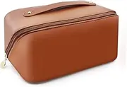 Cosmetic Bag, Large Capacity Travel Makeup Bag, PU Waterproof Storage Cosmetic Bag, Women Portable Travel Makeup Bag with Handle and Divider Flat Lay Makeup Organizer Bag (Brown)