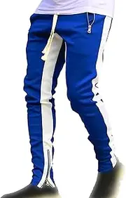 [Generic] Mens Stripe Track Pants Athletic Running Sport Pants Skinny Fit Ankle Zipper Pocket Gym Workout Tapered Sweatpants