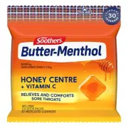 SOOTHERS Butter-Menthol Honey Centre Sore Throat Lozenges 30 Pack