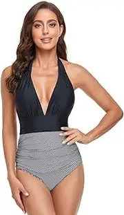 [TEMKIN] Women's Tummy Control Swimming Costume One Piece Swimwear High Waisted Halter Sexy Swimsuit