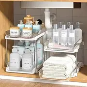 2 Packs Clear Under Sink Organisers and Storage,2-Tier Stackable Organiser with Dividers, Pull Out Medicine Cabinet Organizer, Kitchen Pantry Shelf Cupboard Closet Vanity Organization Bins
