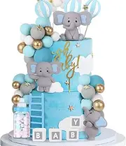 Acmee 44 PCS Elephant Cake Toppers - Mini 3D Elephant BABY Letters Milk Bottle Blue Gold Foam Balls Cake Toppers for Boy Girl Birthday Party Baby Shower Cake Decorations