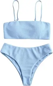 [ZAFUL] Women's Bikini Set, Texture Bandeau Bikini Set with Padded High Cut Sexy Swimsuit