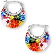 [Shop LC Delivering Joy] Murano Millefiori Glass Flower Motifs Hoops, Hoop Earrings Jewelry for Women 30 ctw (Multicolor/Green)