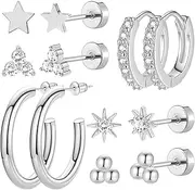 [zygc] 6 Pairs Stainless Steel Earrings 14K Gold Plated Flat Back Stud Earrings for Women Men Multiple Style Lightweight Dainty Trendy Jewelry Star Triangle Sun Ball Dangle Huggie Hoop Earrings Stacks
