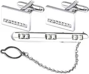 KUHBDIE Crystal Tie Clip Cuff Link Set Gift Box Collar Cuff Pin Set with White Diamonds