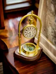 Vintage nautical Table Clock Engraved Bottom Compass Brass Analog Table Clock