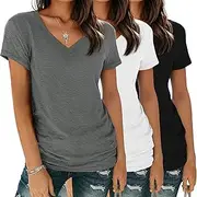 [YGOODM] Women's Basic T-Shirts Pack V Neck Short Sleeve Tees Loose Fit T-Shirts Summer Casual Fashion Soft Tee Tops S-XXL, Khaki+WineRed+Black, L