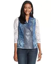 NWT CHICO'S PLATINUM Denim Vest Sequin Zip Moto True Blue Size 1 (Medium, 8)